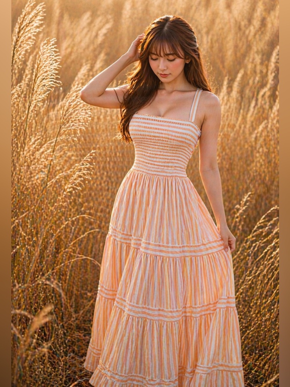 Chasing Sunbeams peaches + cream smocked flowy tiered maxi dress